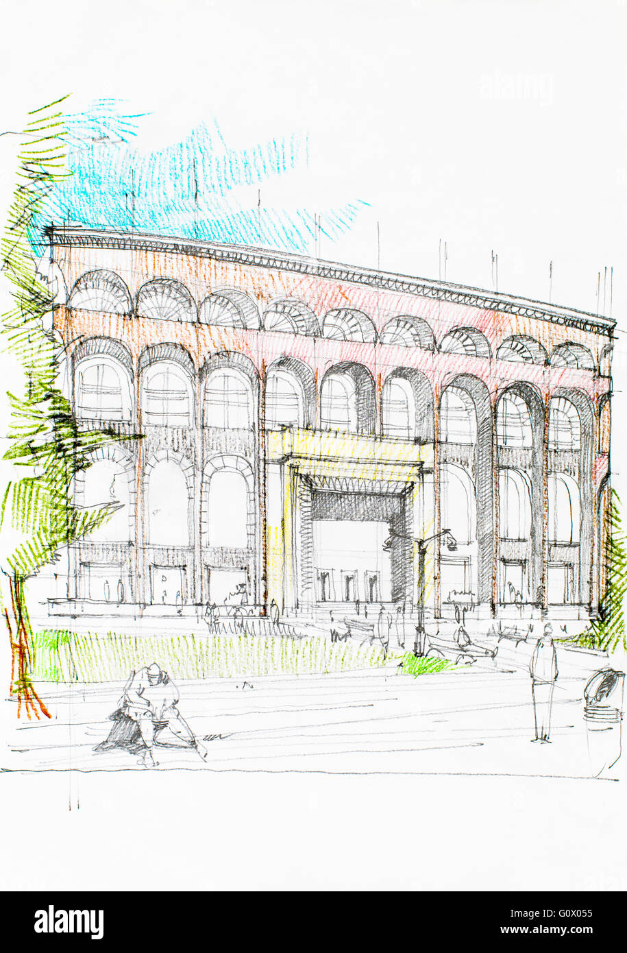 drawing/painting of an imposing  hall/building in the city Stock Photo