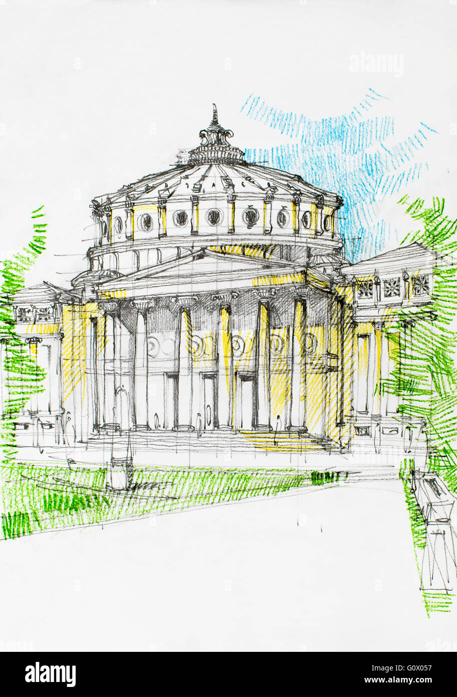 imposing construction hand drawn with a great cupola, opera house/museum drawn in pencil Stock Photo