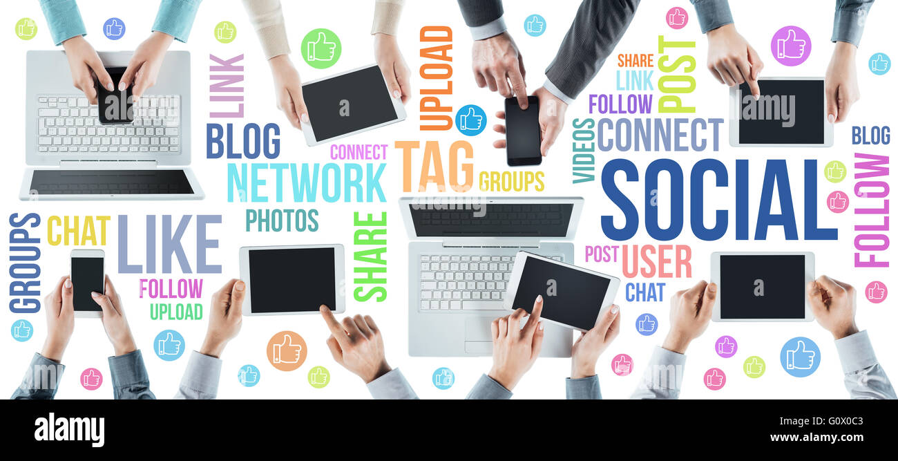 Social network user community concept, business people hands using tablet, computers, smart phones and social networking concept Stock Photo