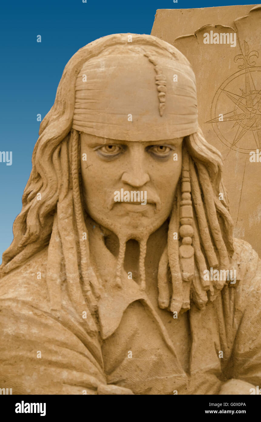 Sand sculpture of  Captain Jack Sparrow Stock Photo