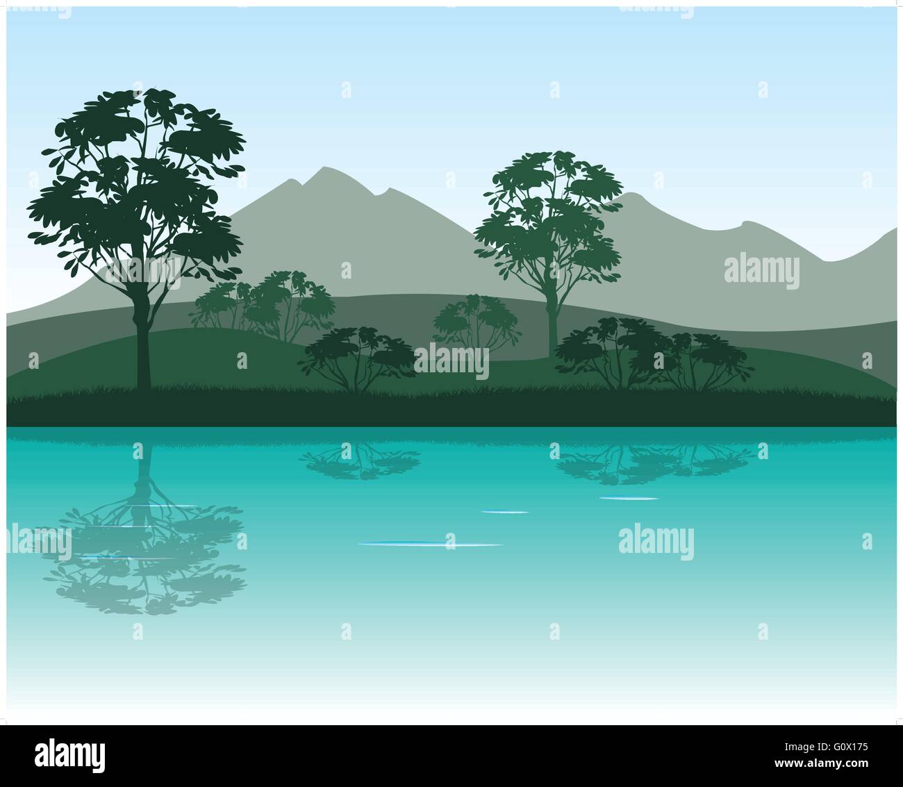 The Morning on calm river in mountain.Vector illustration Stock Vector ...