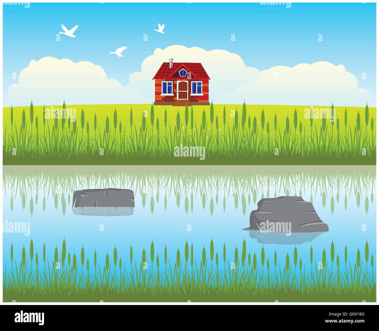 The House ashore calm and clean yard.Vector illustration Stock Vector ...
