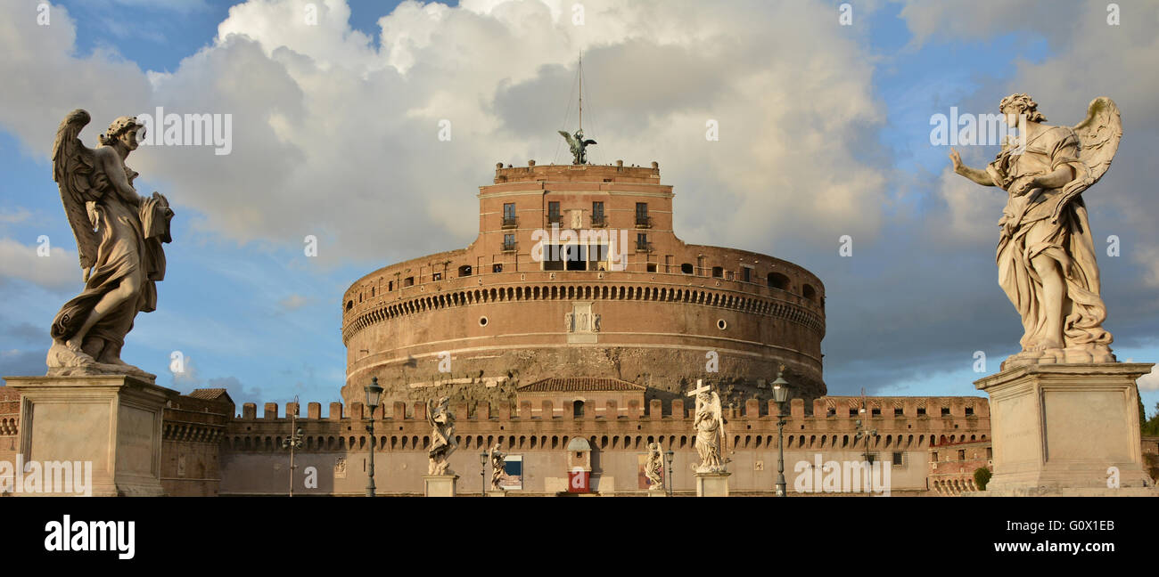 Building Angel Rome Panorama of Castel Sant'Angelo in Rome among beautiful marble angels ...