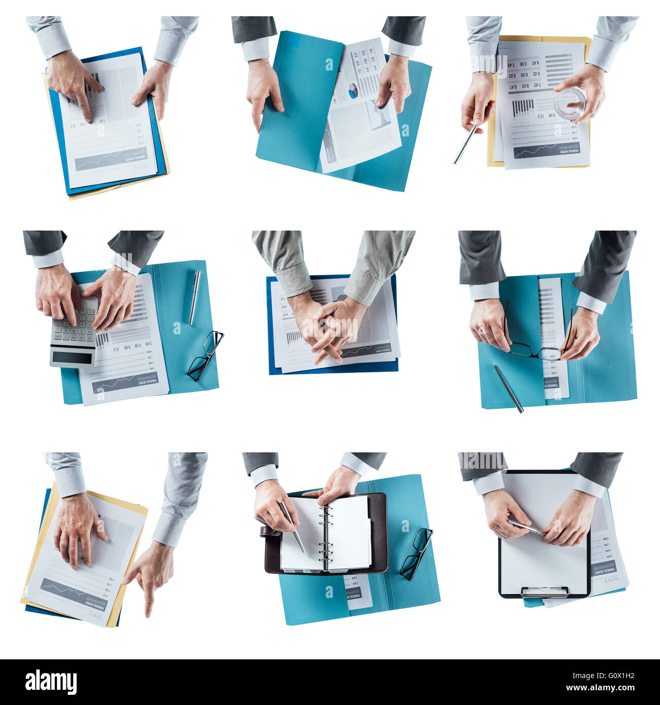 Business man hands at work set on white background, multitasking concept Stock Photo