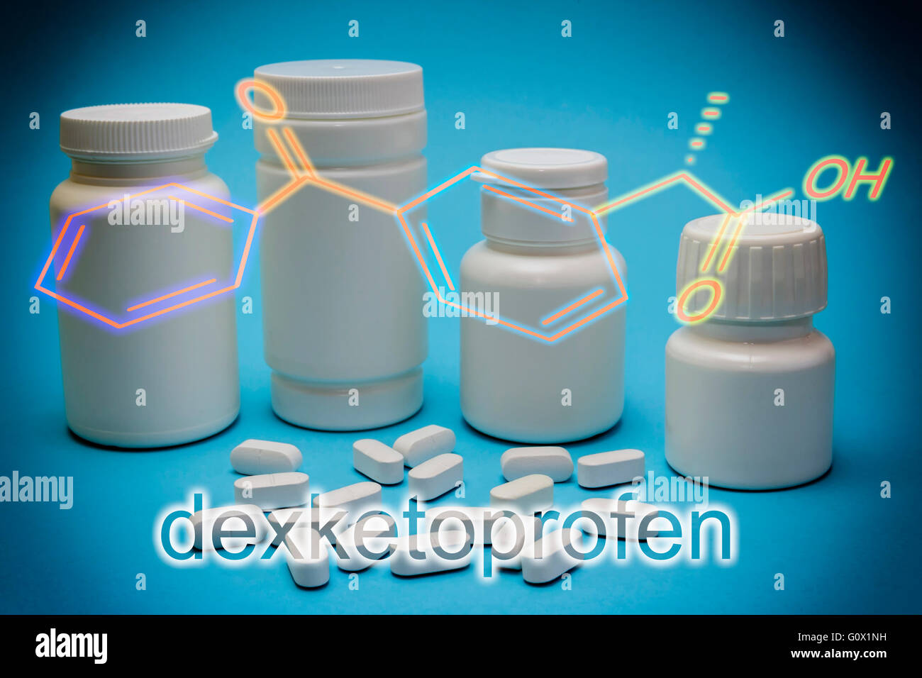 Chemical formula of Dexketoprofen, Non steroidal anti-inflammatory drug with analgesic action Stock Photo