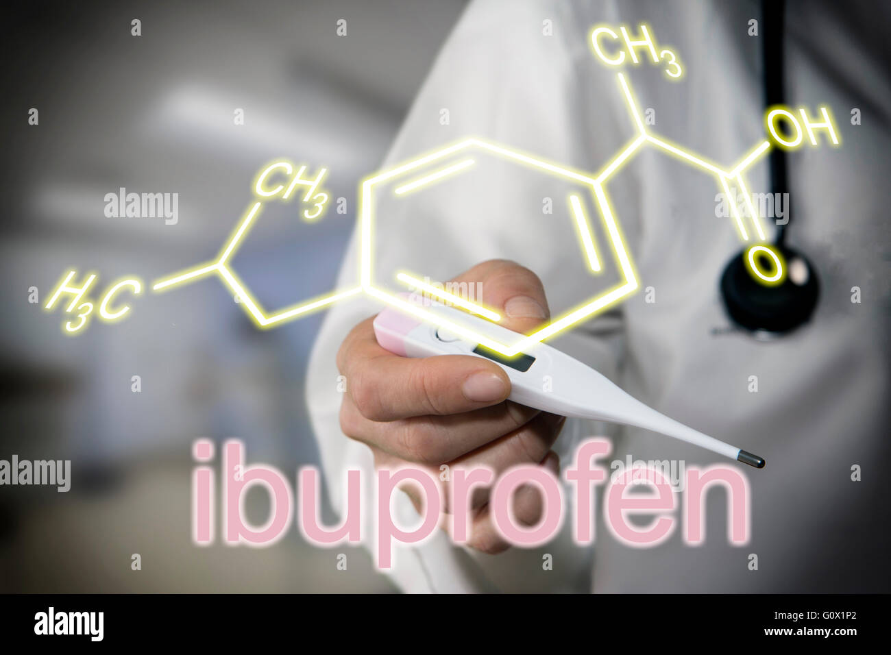 Doctor holding thermometer, the chemical formula of ibuprofen Stock Photo