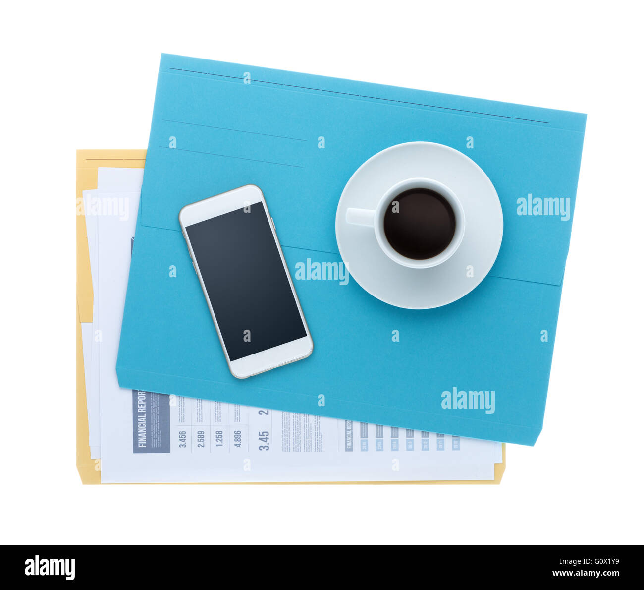 Smart phone, files, financial reports and coffee on white background, top view Stock Photo