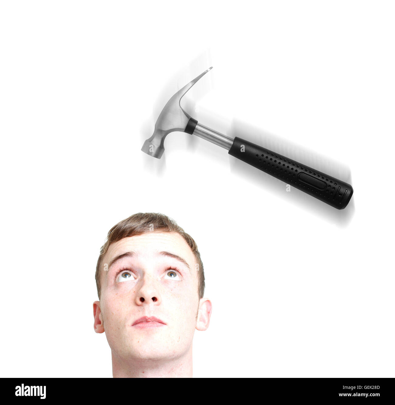 Hammering on head on white Stock Photo Alamy