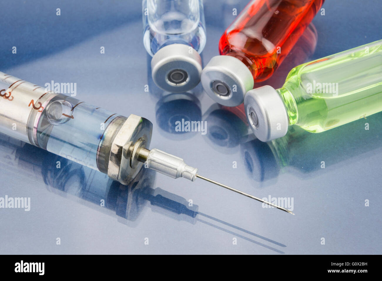 Diagnosis - Treatment and prevention. Medical Report with Composition of Medicaments - Vials, Injections and Syringe. Selective Stock Photo