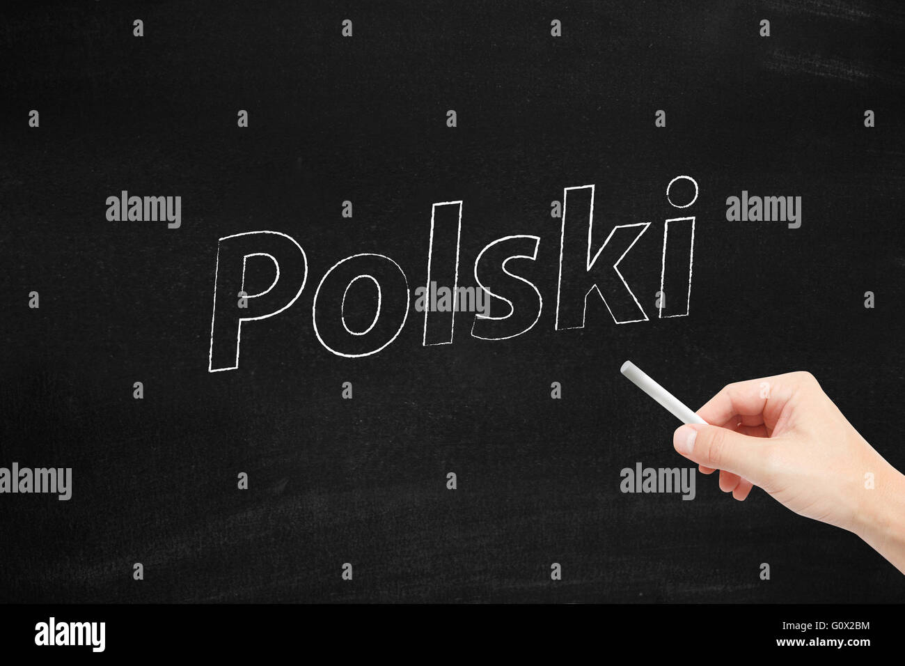 The language of Poland, Polski, written on a blackboard Stock Photo