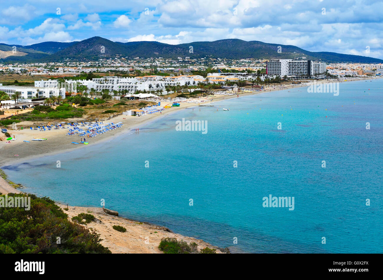 a panoramic view of the Platja den Bossa beach in Ibiza Town, in Ibiza Island, Balearic Islands, Spain Stock Photo