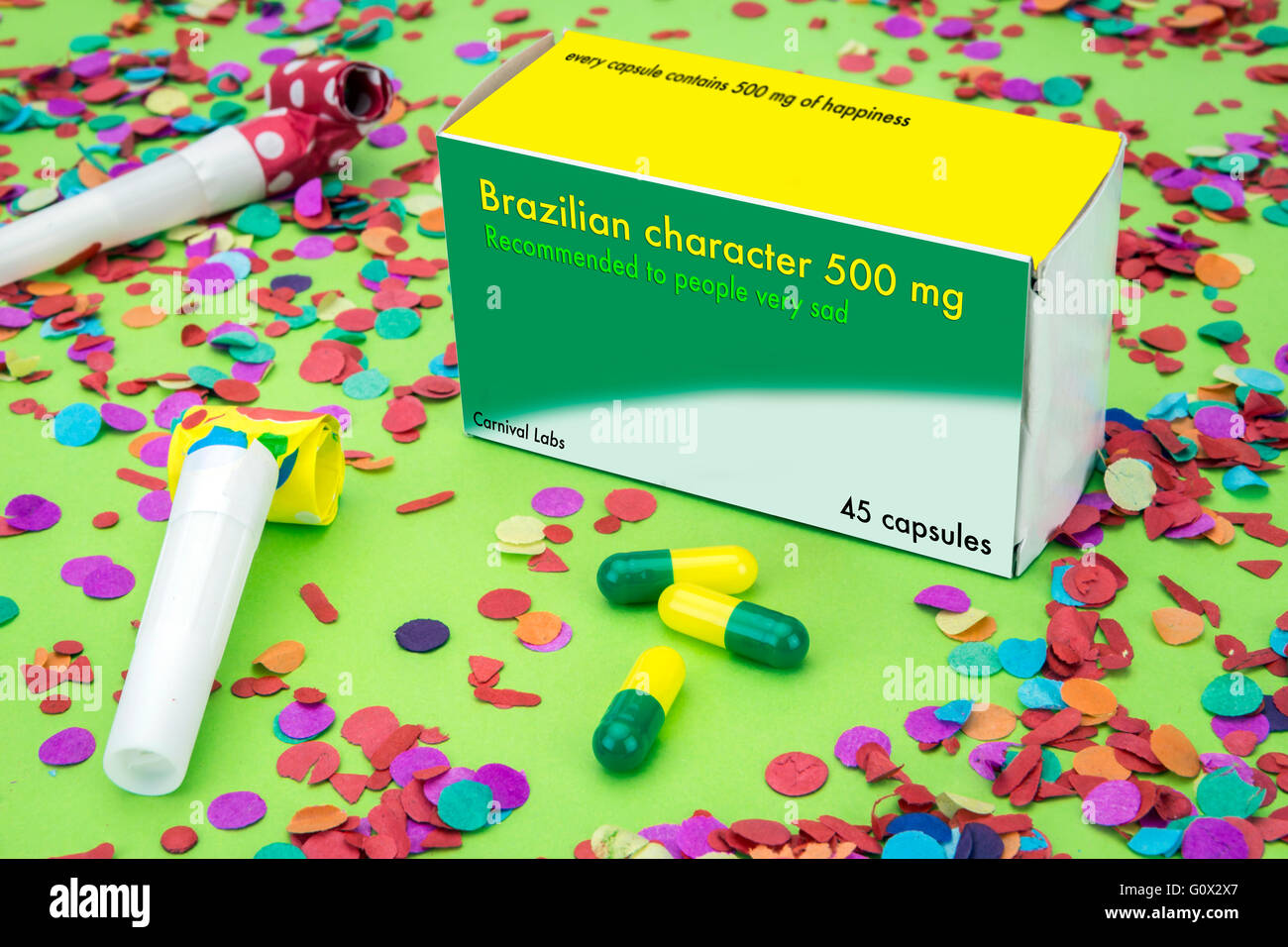 Open medicine packet labelled Brazilian character, it's a medical fake product Stock Photo