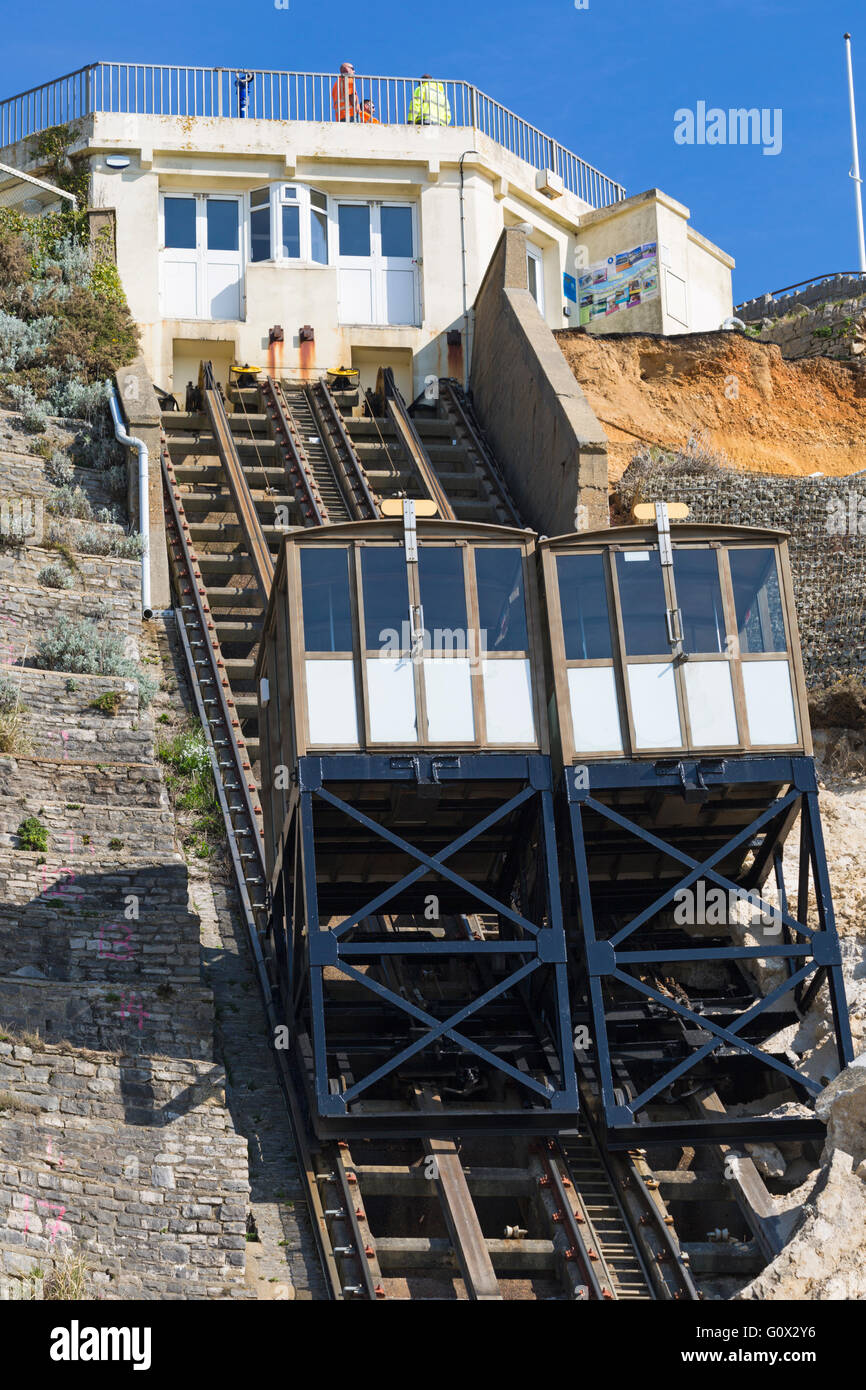Consultants at the top of Eastcliff lifts following recent landslide at Eastcliff damaging the lifts at Bournemouth in May Stock Photo
