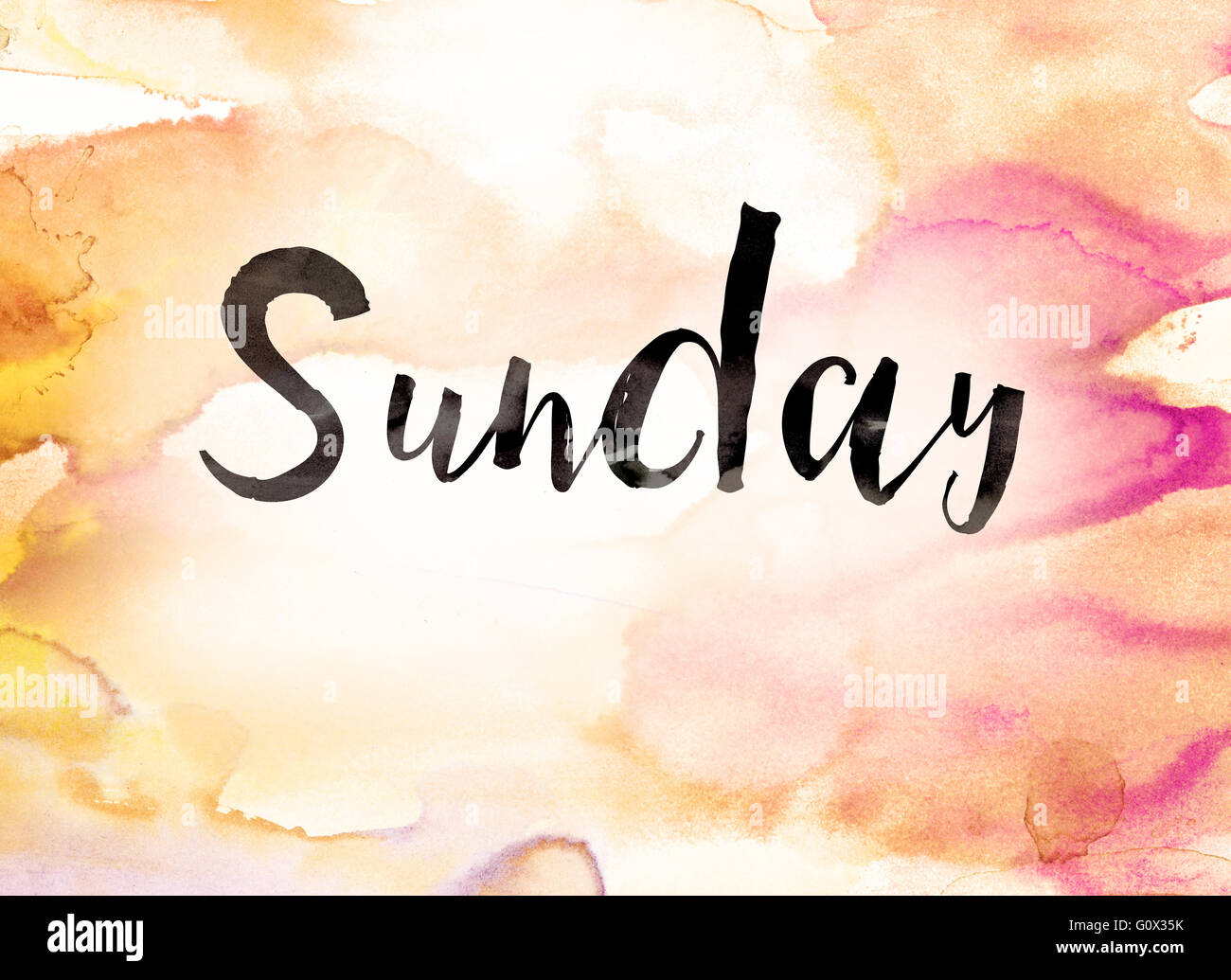 The word "Sunday" written in black paint on a colorful watercolor