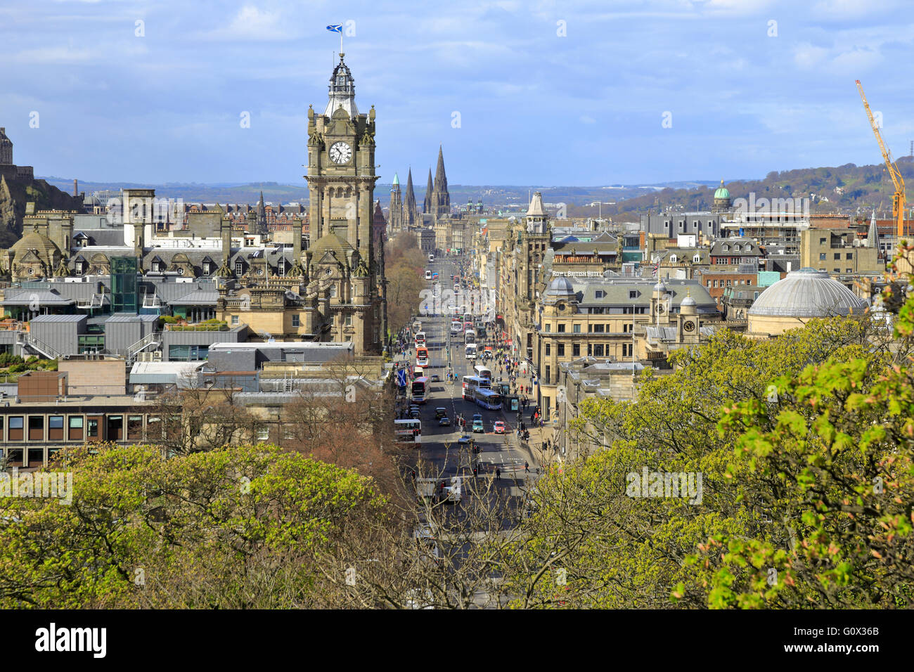Princes Street dominated by the Balmoral Hotel clock tower from Calton Hill, Edinburgh, Scotland, UK. Stock Photo