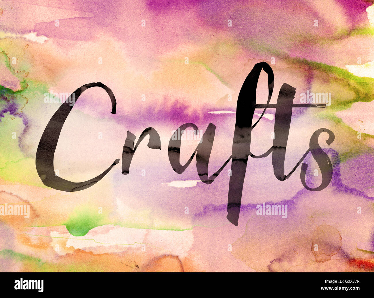 The word "Crafts" written in black paint on a colorful watercolor Stock