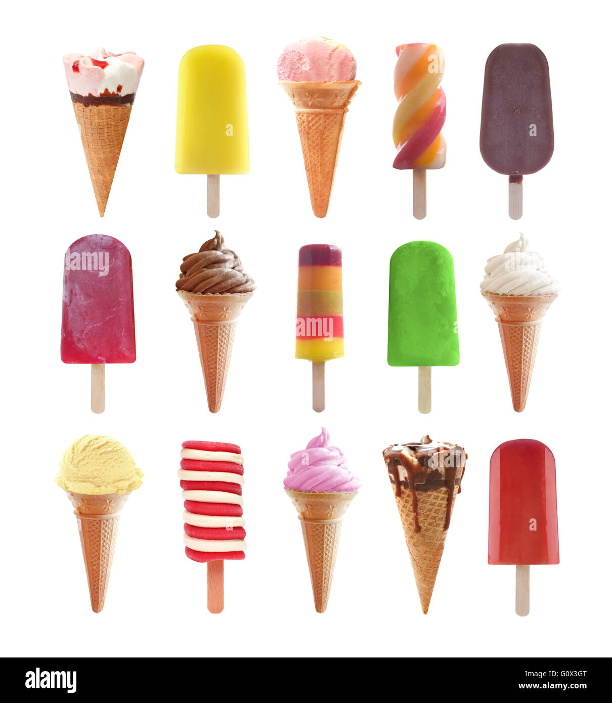 Various icecream, ice lollies and popsicles as a collection over a white background Stock Photo