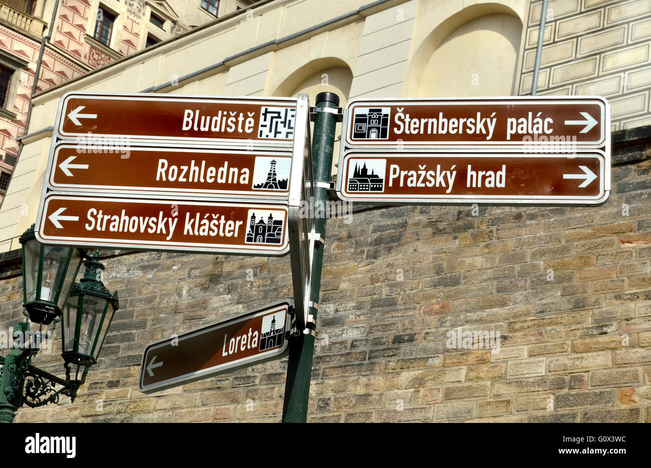 Prague, Czech Republic. Signpost giving directions to main tourist