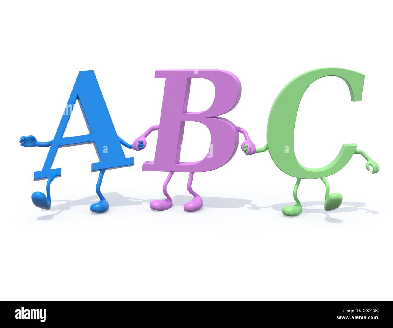 3d letters 'ABC' with arms and legs that walk hand in hand, 3d illustration Stock Photo