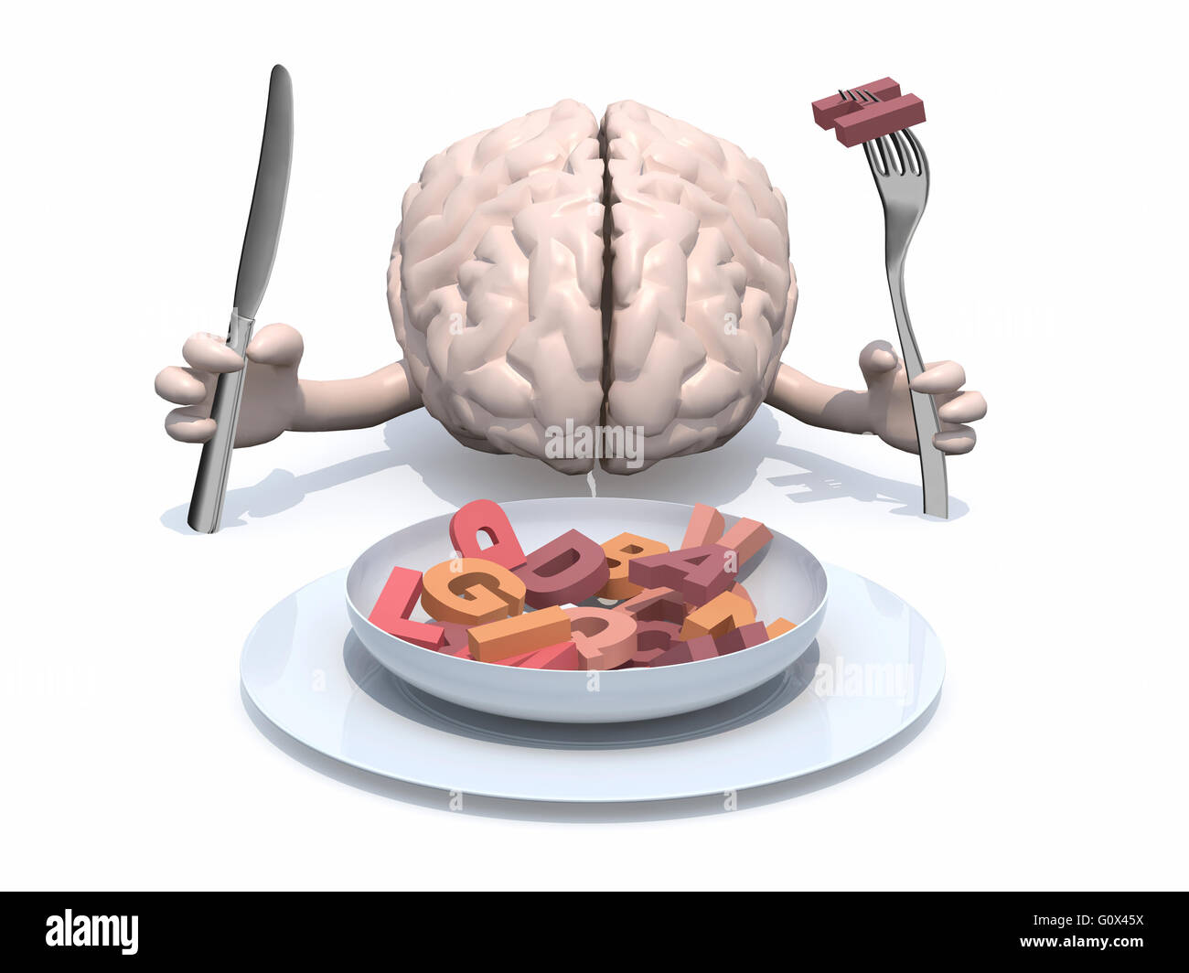 human brain with arms, fork and knife in hand in front of plate with many 3d letters Stock Photo