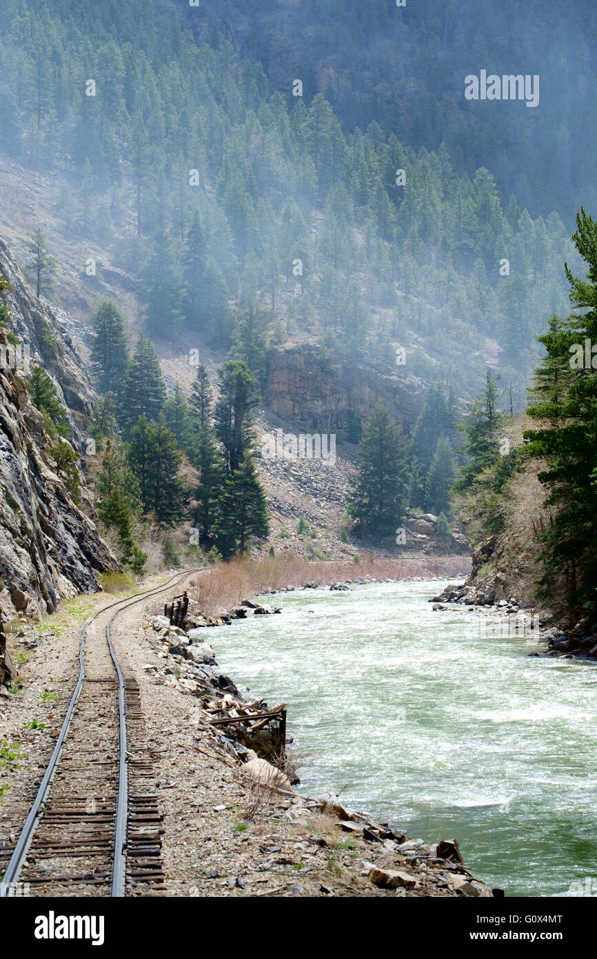 View of the Animas River Valley and rail track from Durango Silverton Narrow Gauge steam railway, Colorado, USA Stock Photo