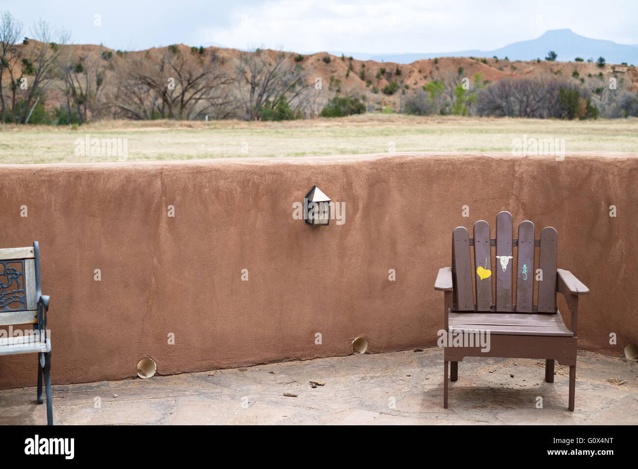 View over the famous Ghost Ranch landscape from the porch of Georgia O'Keeffe cottage, near Abiquiu, New Mexico Stock Photo