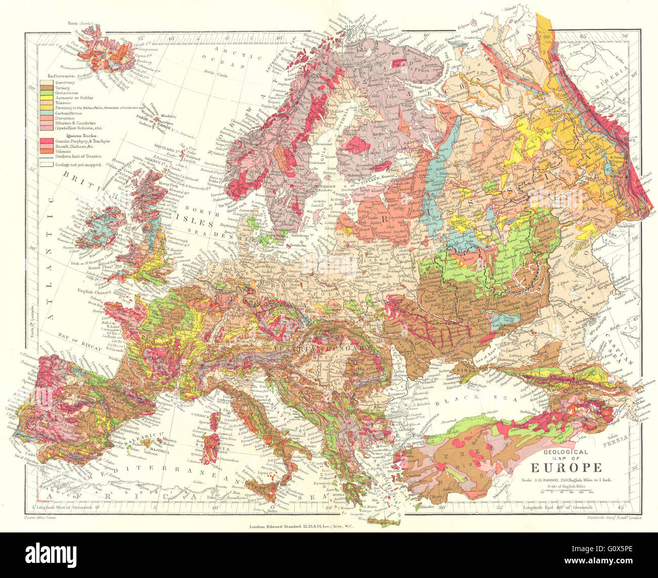 EUROPE GEOLOGICAL: Tertiary Jurassic Triassic Cretaceous &c. STANFORD, 1906 map Stock Photo