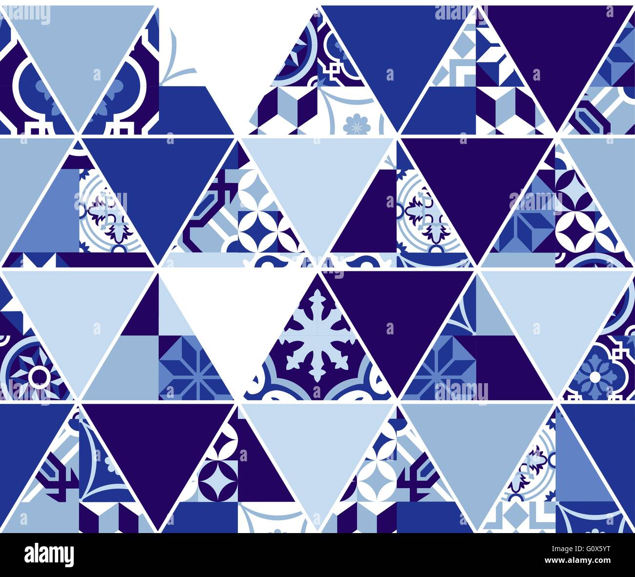 Blue indigo seamless pattern, geometric triangle mosaic tiles in classic Portuguese art style. EPS10 vector. Stock Vector