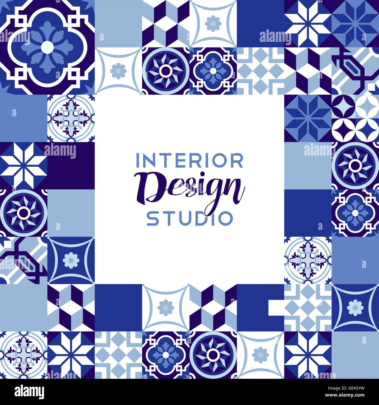 Interior design studio illustration with classic vintage ceramic mosaic tile decoration in indigo blue color. EPS10 vector. Stock Vector