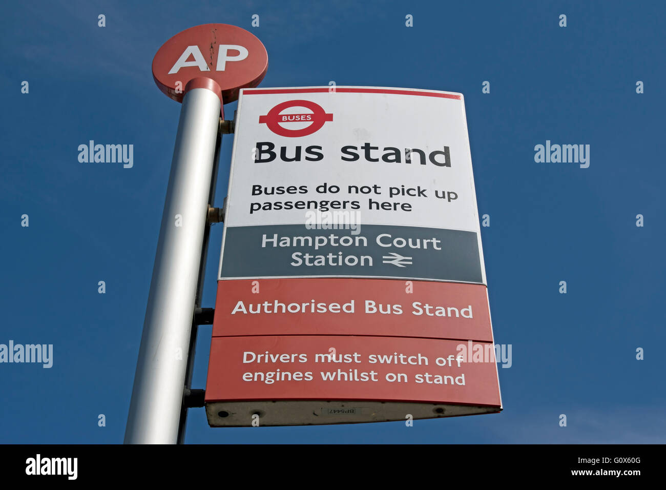 bus stand sign at hampton court station, london, england Stock Photo