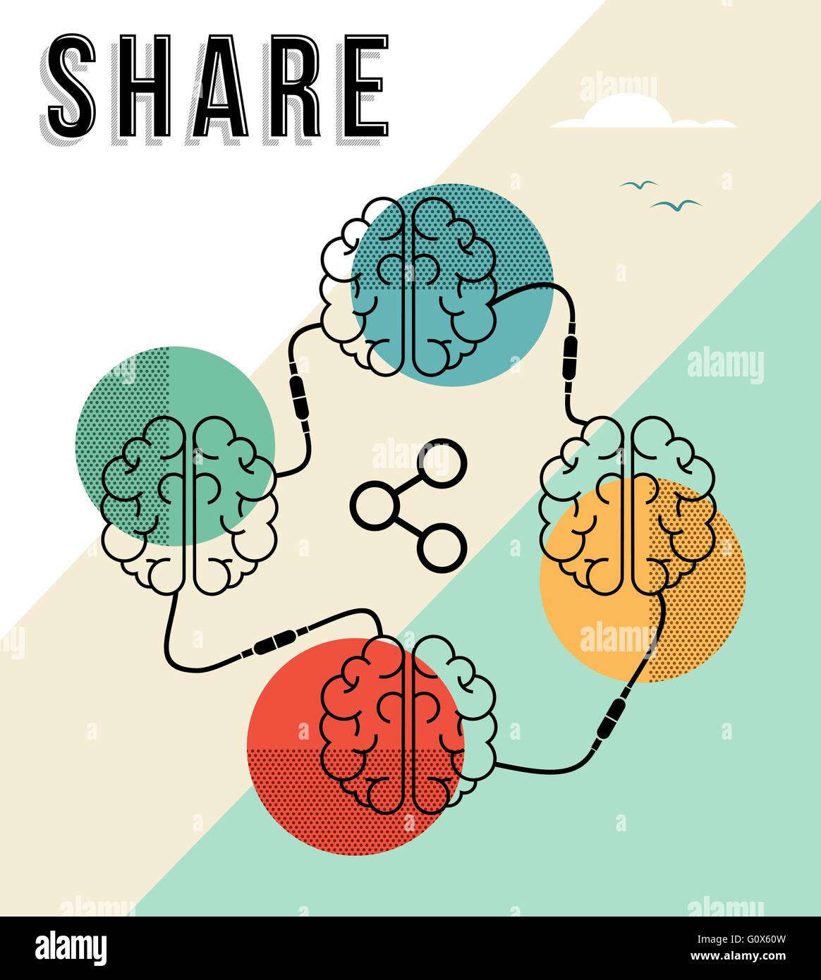 Share concept illustration, human brains share knowledge and information in modern flat line art style. EPS10 vector. Stock Vector