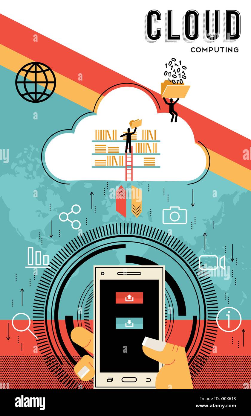 Cloud computing concept illustration design in flat line art style ...