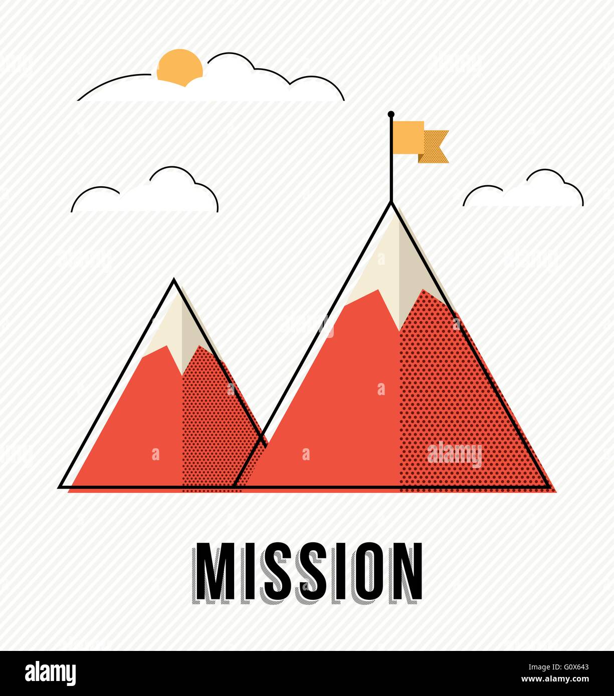 Mission business concept illustration of mountain top with flag, climb to success in the work place. EPS10 vector. Stock Vector