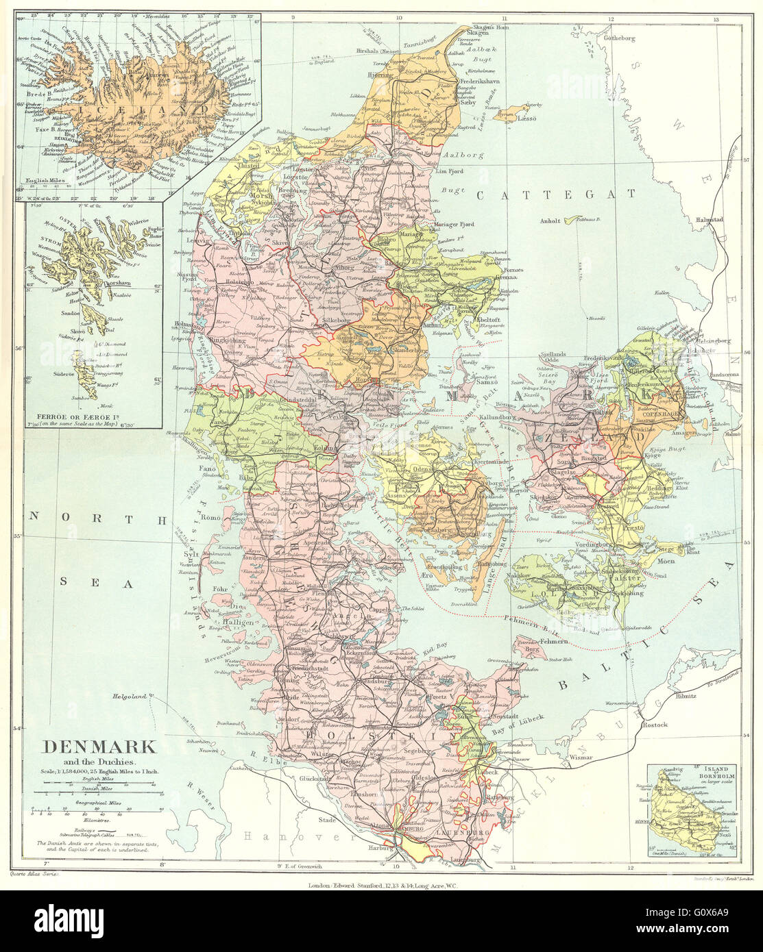DENMARK: Shows all of Schleswig as German. Iceland. STANFORD, 1906 antique map Stock Photo