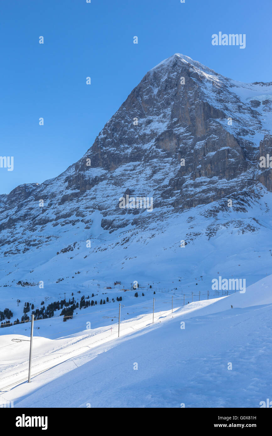 The famous Eiger north face in winter, seen from the train station Kleine Scheidegg Stock Photo