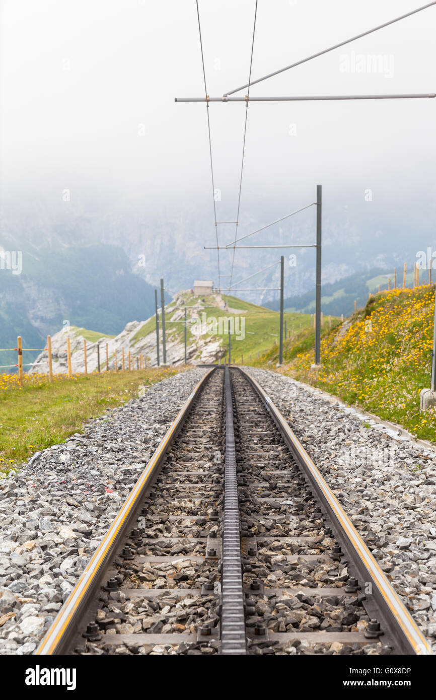 Tracks of swiss cogwheel railway in Jungfrau region on bernese oberland, Switzerland Stock Photo