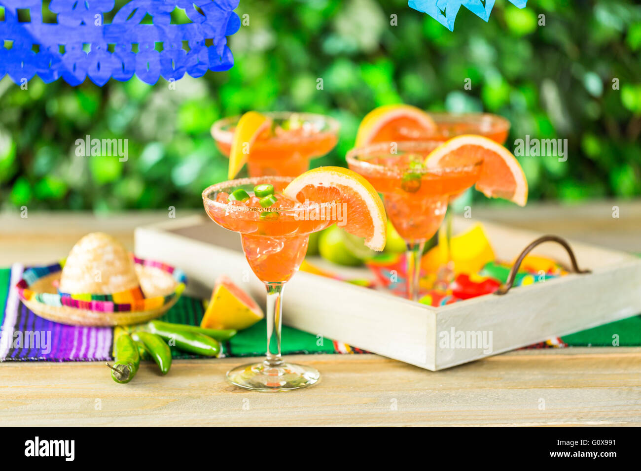 Spicy grapefruit margarita on ice in margarita glasses on the table in the garden. Stock Photo