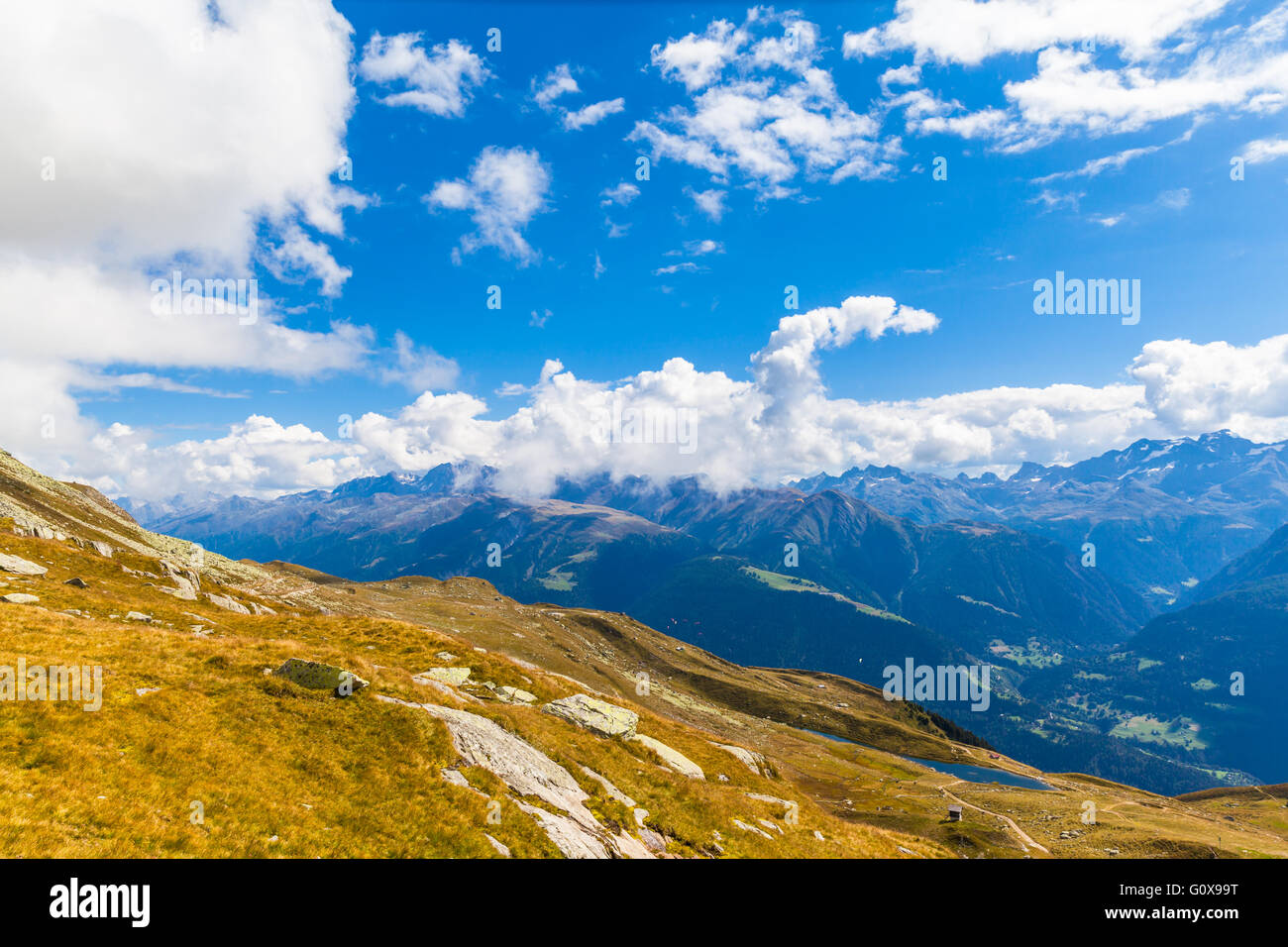 Panorama view of the Alps on Bernese Oberland in Valais and Berne Canton,  near the famous Aletsch glacier and Bettmersee (Lake) Stock Photo