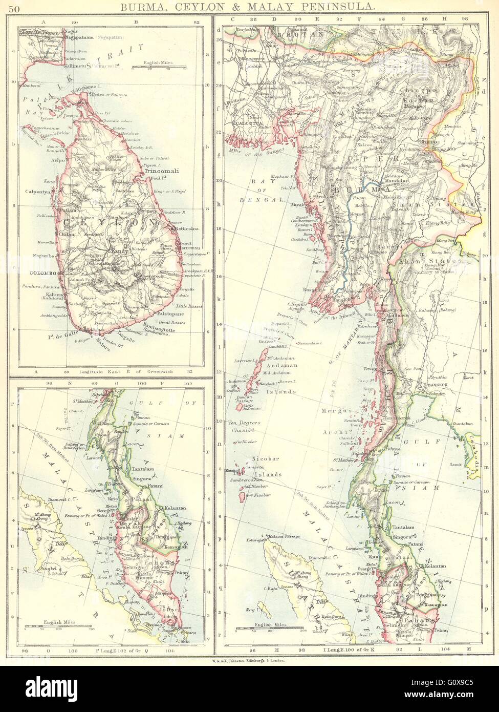 BURMA: Ceylon; Sri Lanka; Malay Peninsula; Singapore, 1897 antique map Stock Photo