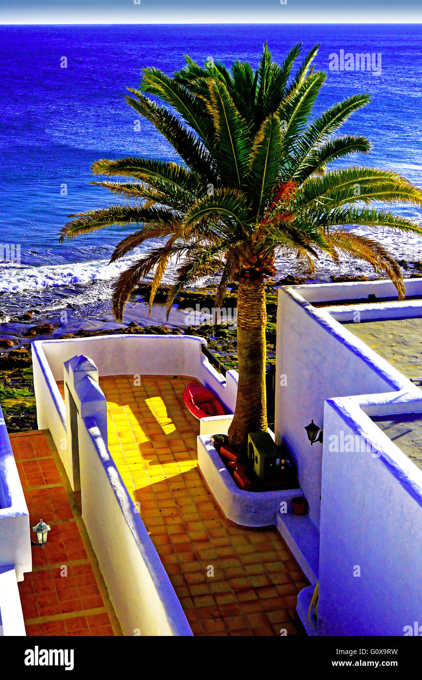Lanzarote Arrecife Puerto del Carmen blue sky palm tree beach house