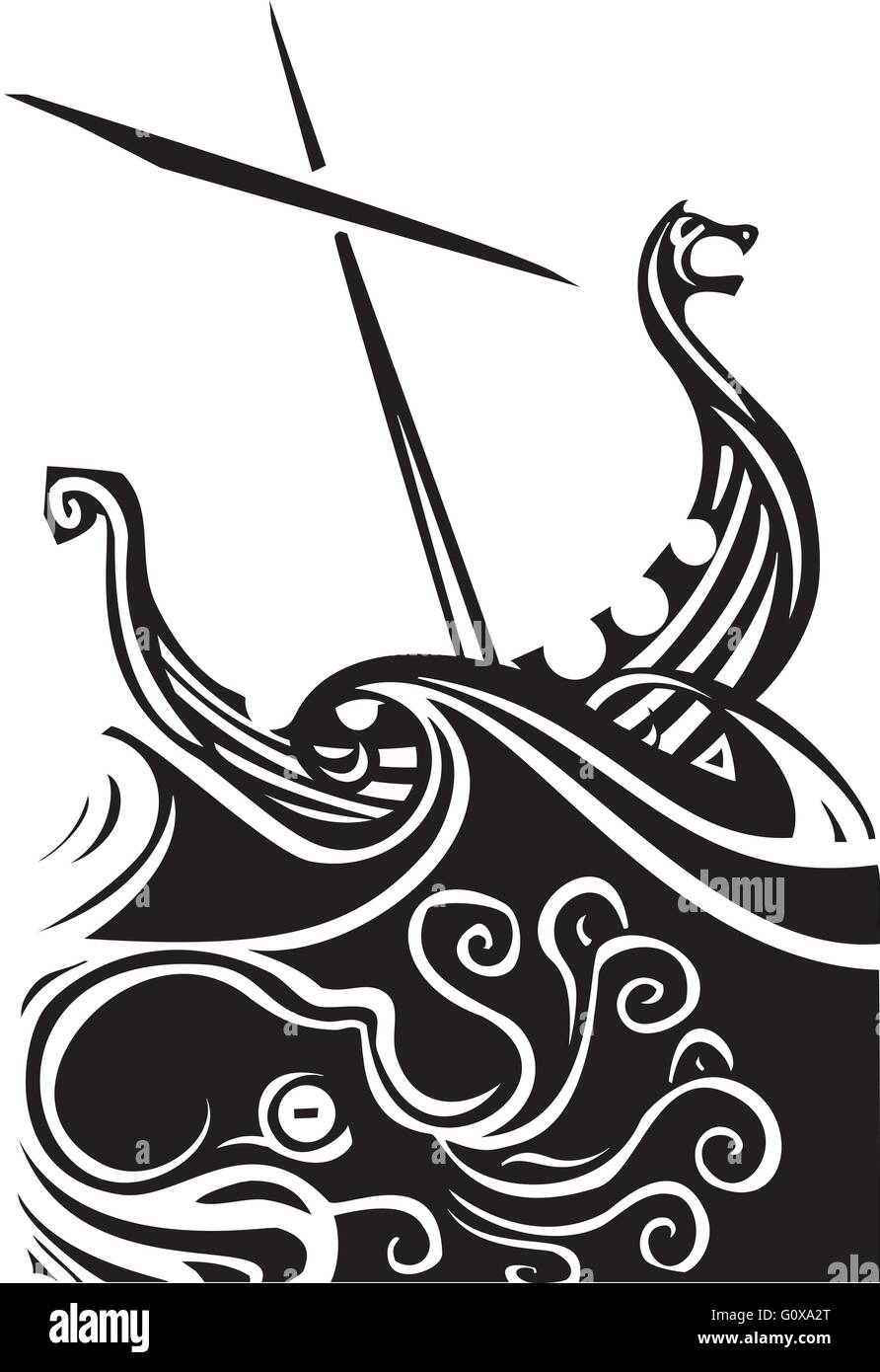 Woodcut style image of a viking longship sailing into the waves Stock ...