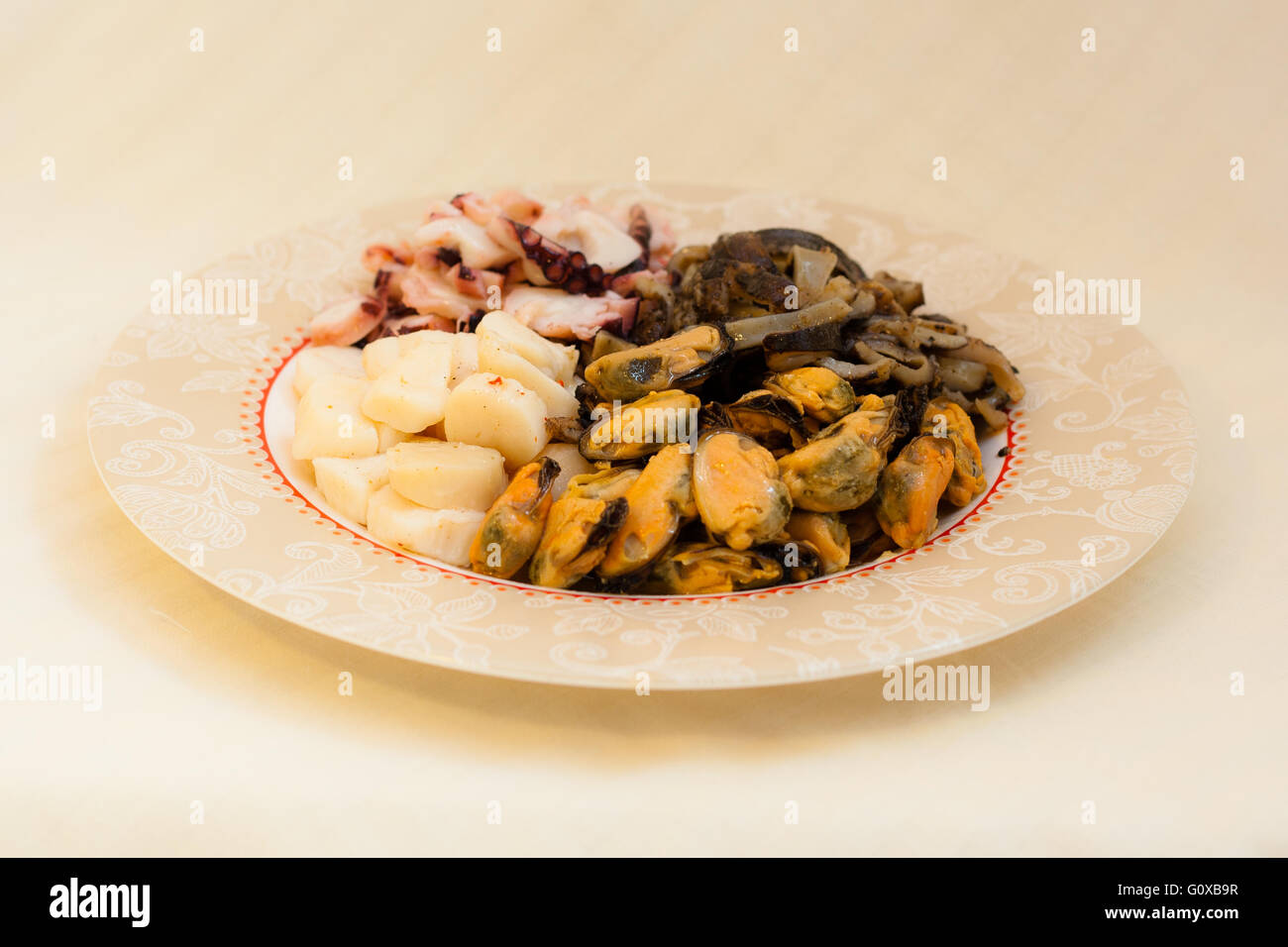 Octopus, Cucumaria, Scallop, Mussel - seafood in Russian Far Eastern Cuisine Stock Photo
