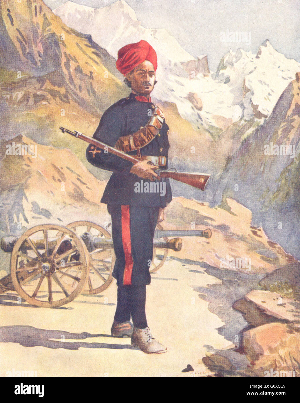 INDIA: Mahratta Wars: Mountain guns Gunner Punjabi Musalman, old print 1911 Stock Photo