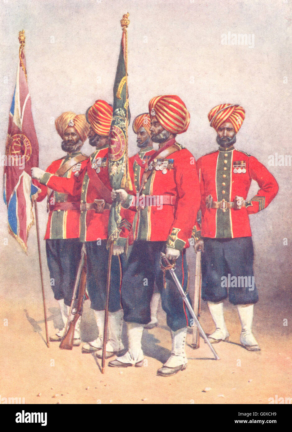 INDIA: Army of Great Mutiny: 15th Ludhiana Sikhs Colour Party Jat, print 1911 Stock Photo
