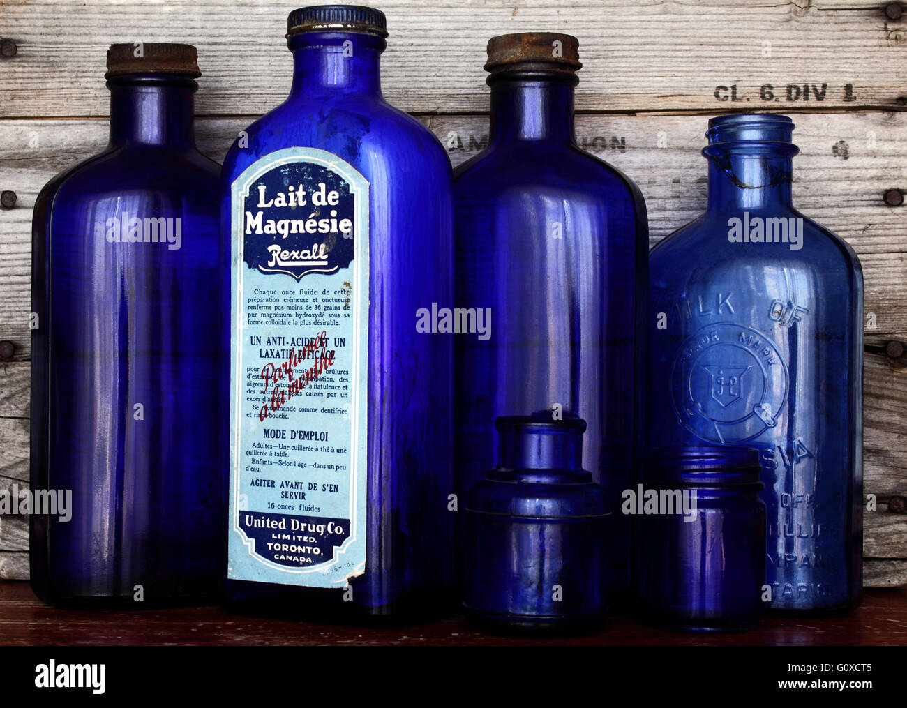Cobalt blue glass bottles. Stock Photo