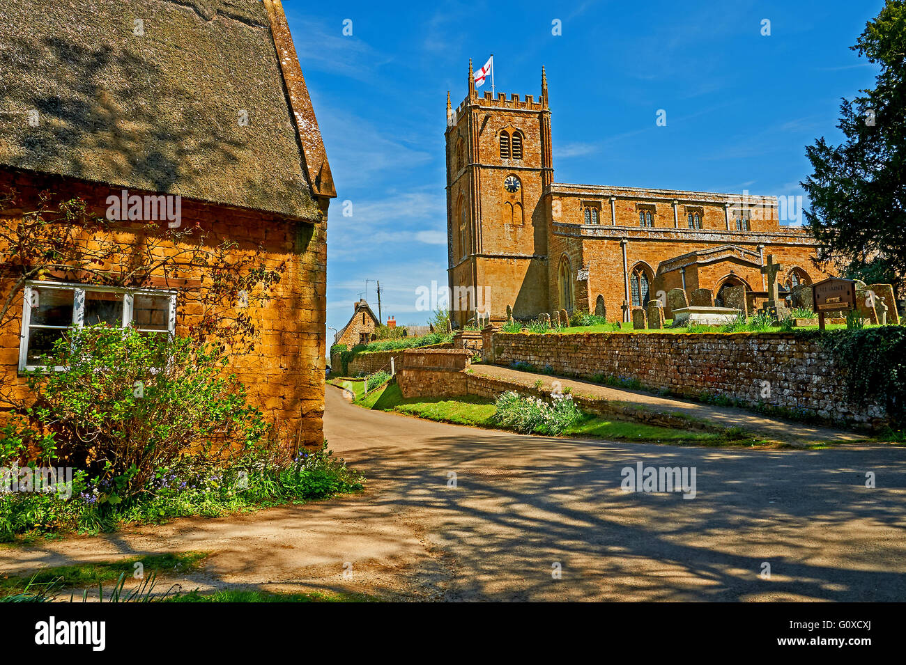 All Saints church in the Oxfordshire village of Wroxton is one of the Ironstone benefice of churches Stock Photo