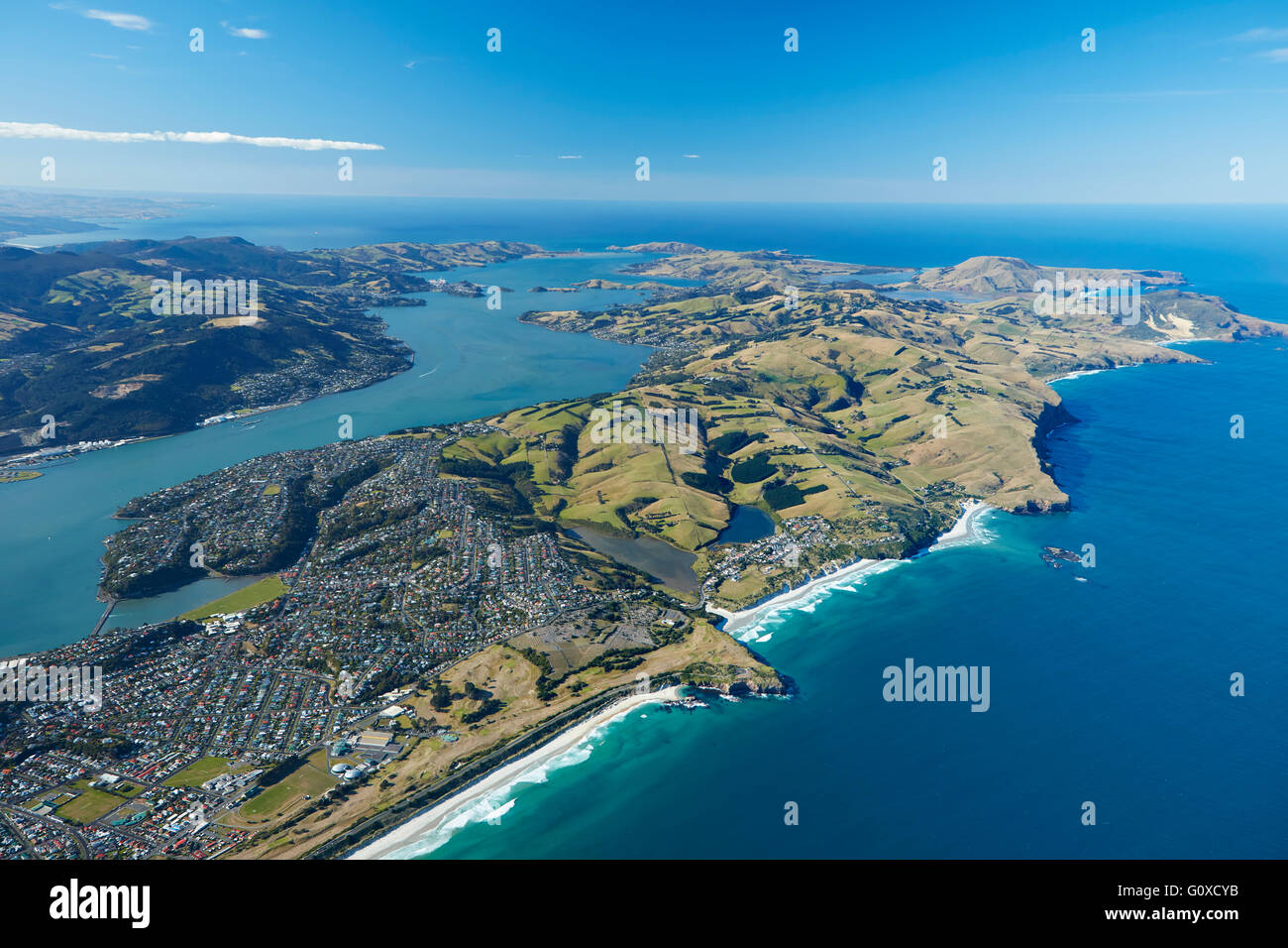 St Kilda Beach, Otago Harbour and Otago Peninsula, Dunedin, Otago, South Island, New Zealand - aerial Stock Photo