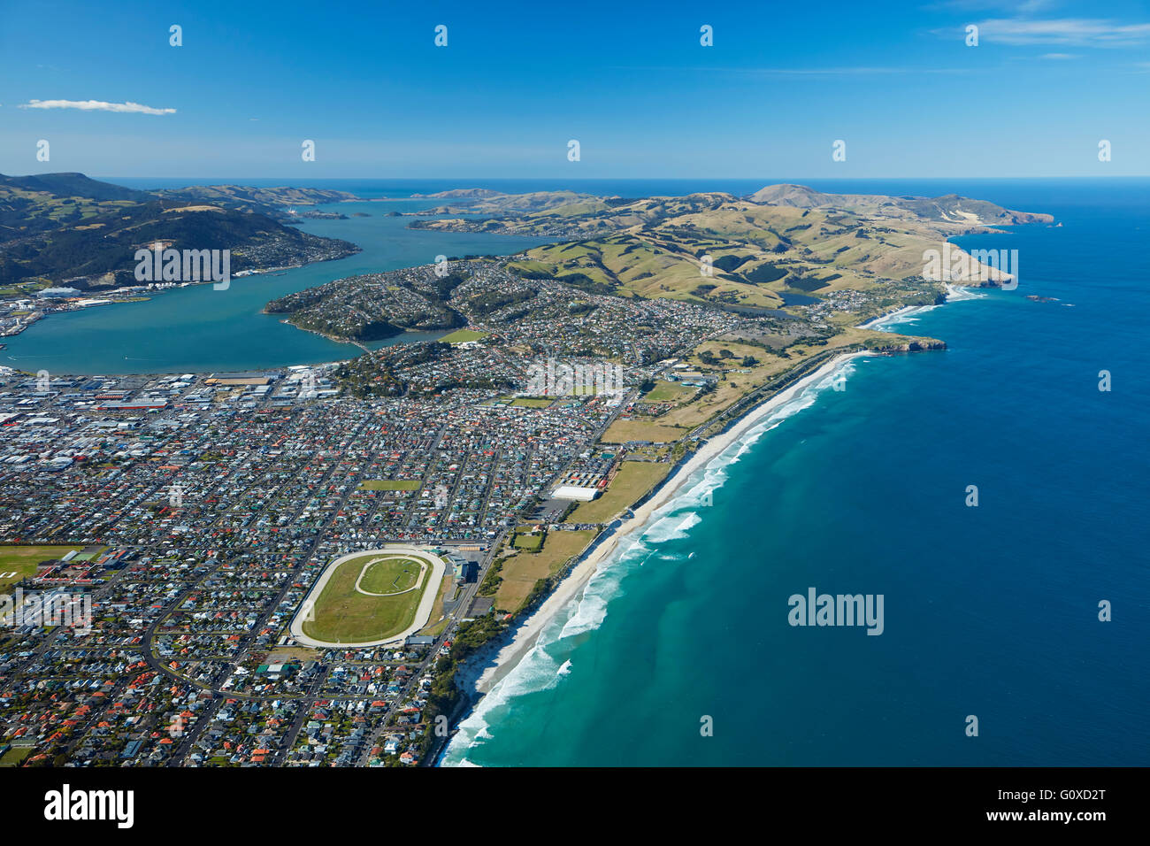 St Clair and St Kilda Beaches, Otago Harbour and Otago Peninsula, Dunedin, Otago, South Island, New Zealand - aerial Stock Photo