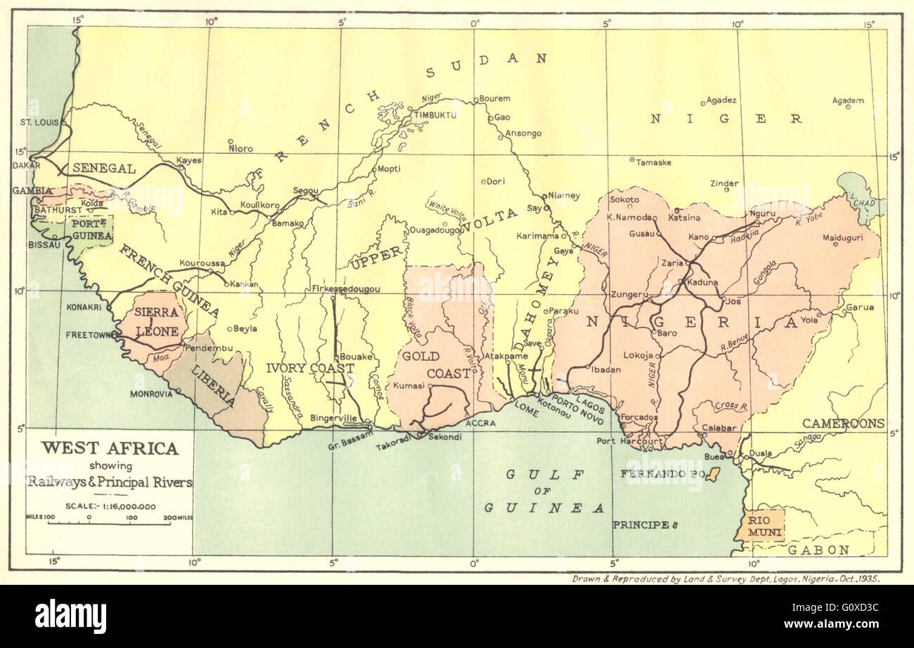 NIGERIA West Africa showing Railways & Principal Rivers, 1936 vintage