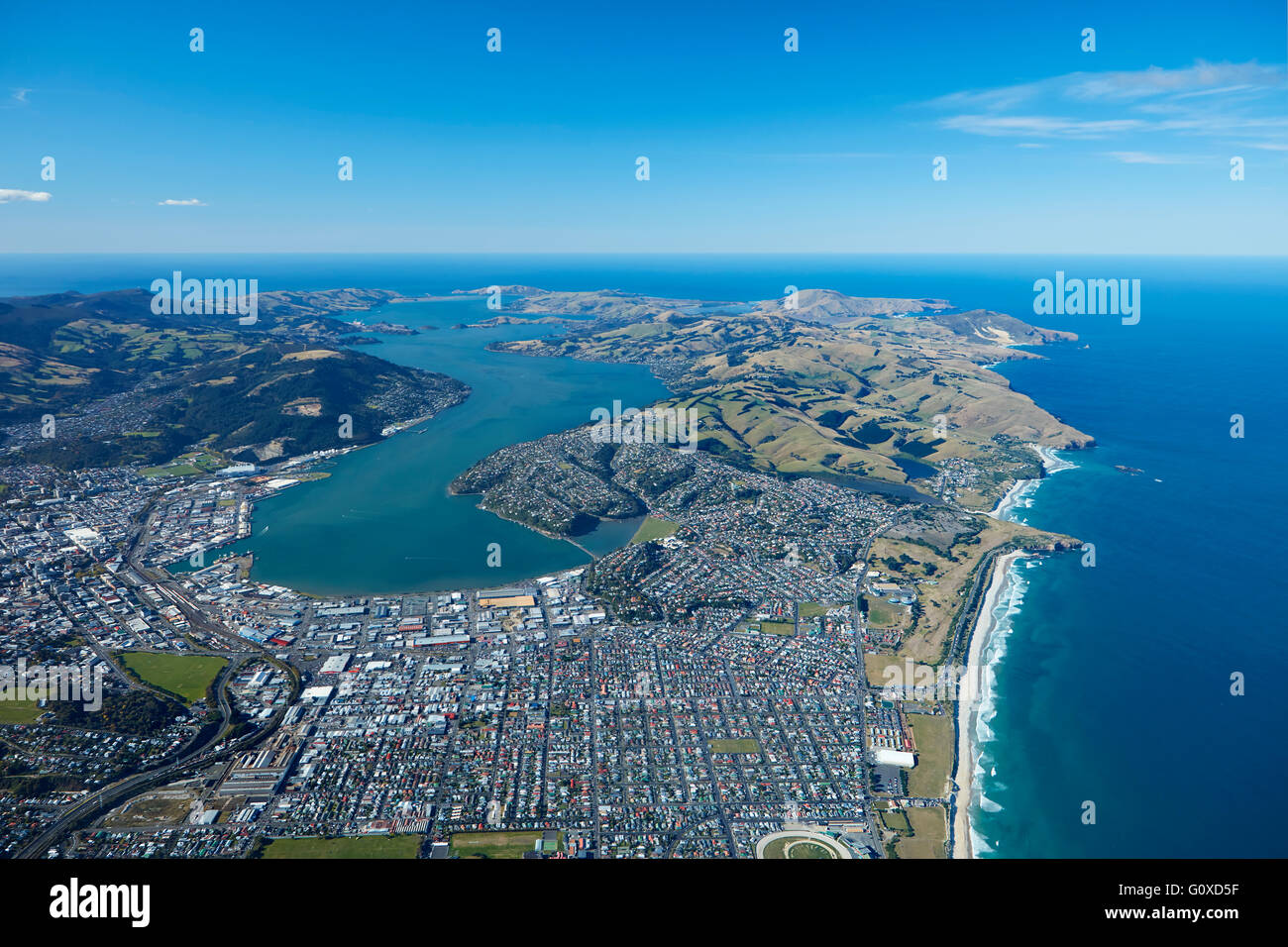 South Dunedin, Otago Harbour and Otago Peninsula, Otago, South Island, New Zealand aerial